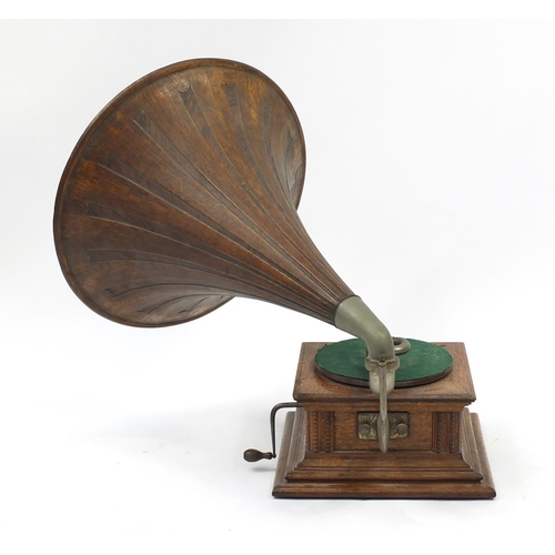 53 - Vintage His Master's Voice oak wind up gramophone with oak horn