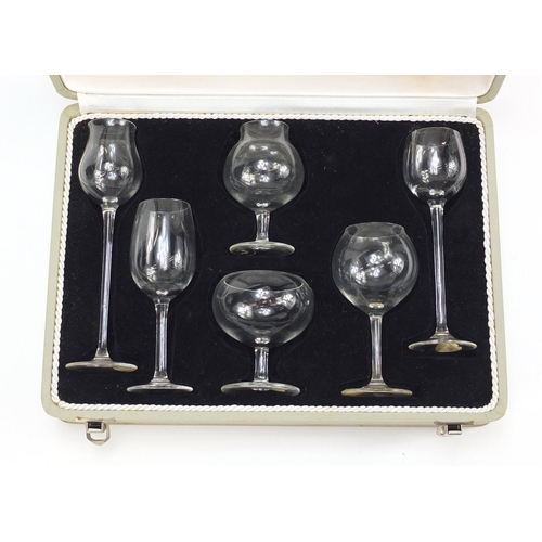 567 - The Moser club's miniature snifters comprising six glasses housed in a silk and velvet lined fitted ... 