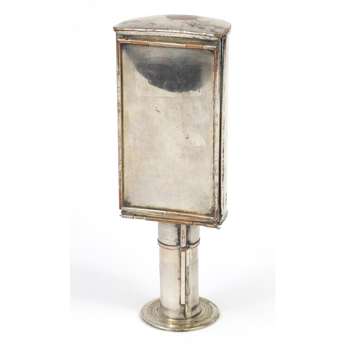 125 - 19th century silver plated campaign candle lamp with adjustable cover and vesta, 18.5cm high