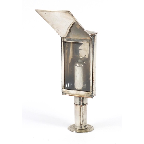 125 - 19th century silver plated campaign candle lamp with adjustable cover and vesta, 18.5cm high