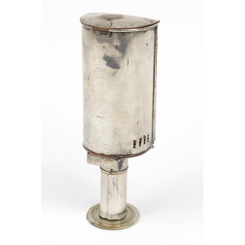 125 - 19th century silver plated campaign candle lamp with adjustable cover and vesta, 18.5cm high