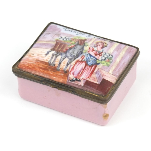 33 - 18th century Bilston enamel trinket box with hinged lid, hand painted with a female and donkey, insc... 
