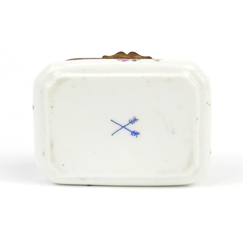 36 - Antique continental porcelain trinket box, hand painted with flowers, blue cross sword marks to the ... 