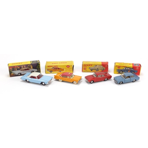 156 - Four vintage Dinky toys with boxes comprising Buick Riviera 57/001, Ford Consul Corsair 130, Ford Co... 