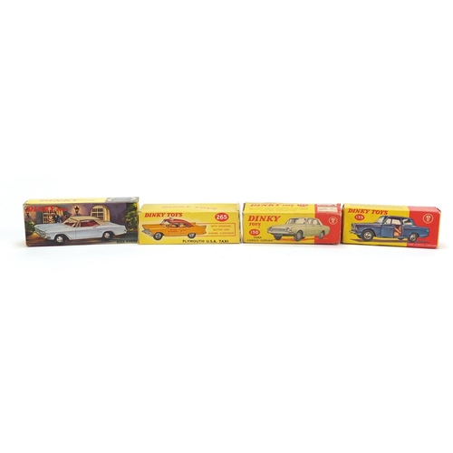 156 - Four vintage Dinky toys with boxes comprising Buick Riviera 57/001, Ford Consul Corsair 130, Ford Co... 