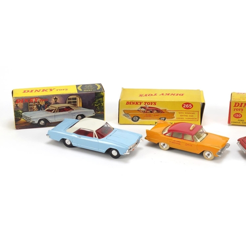 156 - Four vintage Dinky toys with boxes comprising Buick Riviera 57/001, Ford Consul Corsair 130, Ford Co... 