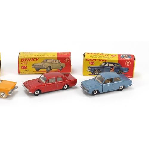 156 - Four vintage Dinky toys with boxes comprising Buick Riviera 57/001, Ford Consul Corsair 130, Ford Co... 