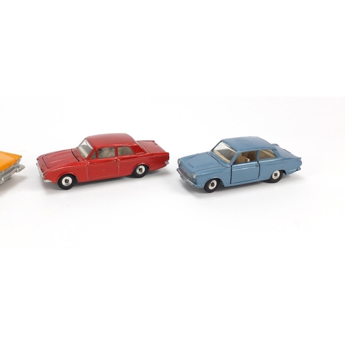 156 - Four vintage Dinky toys with boxes comprising Buick Riviera 57/001, Ford Consul Corsair 130, Ford Co... 