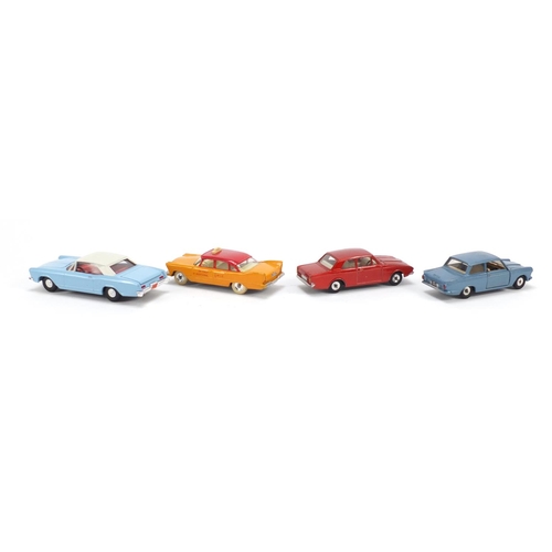 156 - Four vintage Dinky toys with boxes comprising Buick Riviera 57/001, Ford Consul Corsair 130, Ford Co... 