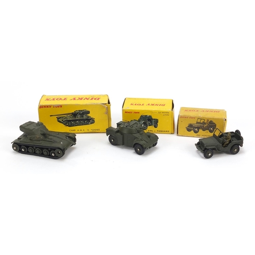 157 - Three vintage Dinky toys with boxed comprising Jeep  Hotchkiss Willys 816, AML Panhard 814 and Char ... 