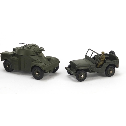 157 - Three vintage Dinky toys with boxed comprising Jeep  Hotchkiss Willys 816, AML Panhard 814 and Char ... 