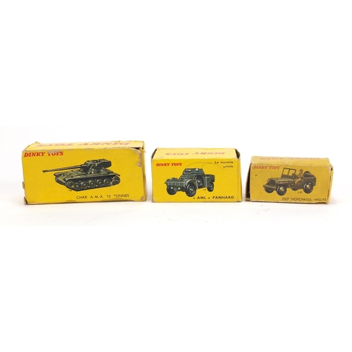 157 - Three vintage Dinky toys with boxed comprising Jeep  Hotchkiss Willys 816, AML Panhard 814 and Char ... 