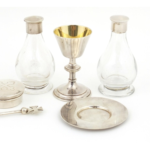 55 - Two travelling holy communion sets, one by William Beardsley, the glass bottles with silver lids, th... 