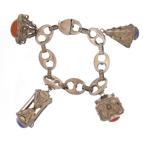 762 - Middle eastern 800 grade silver charm bracelet set with colourful cabachon stones, 57.0g