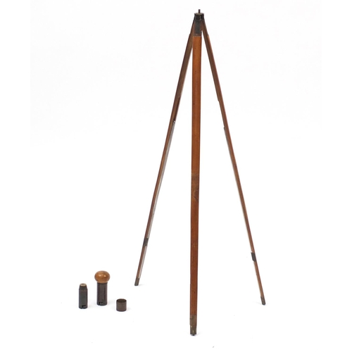 110 - Victorian mahogany folding tripod stand with brass mounts, 95cm in length