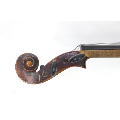 88 - Old wooden violin with bow and case, the violin bearing a Stradivarius paper label, the violin back ... 