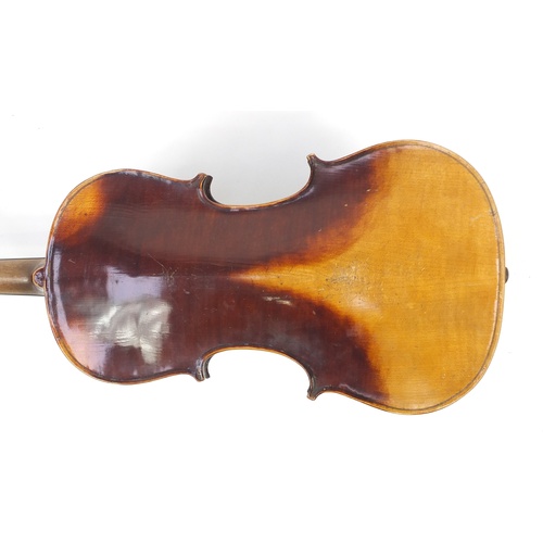 88 - Old wooden violin with bow and case, the violin bearing a Stradivarius paper label, the violin back ... 