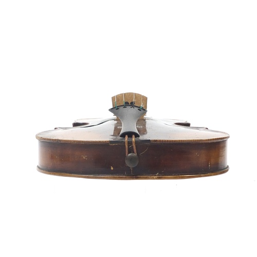 88 - Old wooden violin with bow and case, the violin bearing a Stradivarius paper label, the violin back ... 