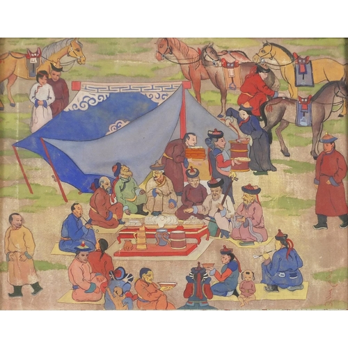 964 - Figures around a camp with horses, Asian school watercolour, framed, 34.5cm x 27cm