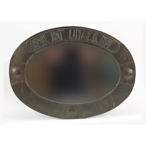 595 - Arts and Crafts Look But Linger Not copper wall mirror, 62cm x 46cm