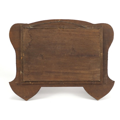 596 - Arts and Crafts oak wall mirror with applied embossed metal mounts, 44.5cm high x 57cm wide