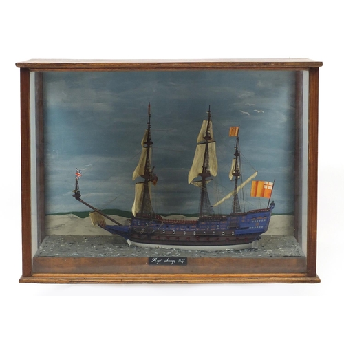 2074 - Hand painted scratch built diorama of the Royal Sovereign, housed in a glazed display case, 47cm H x... 