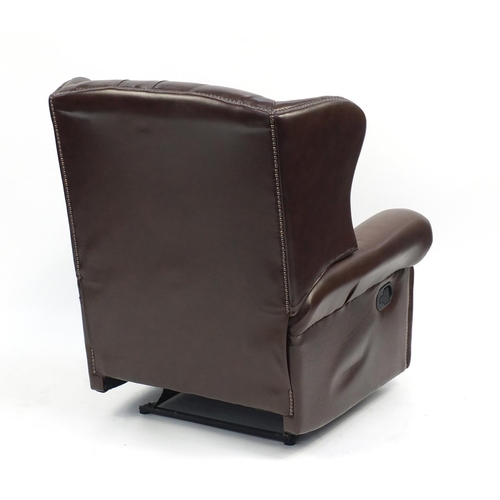 2048 - Brown leather wingback reclining armchair with button back, 99cm high
