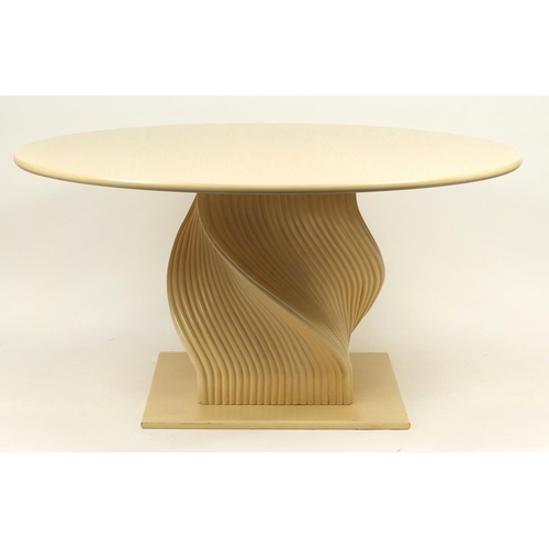 2044 - Contemporary bamboo circular dining table and eight chairs, the table 78cm high x 151cm diameter