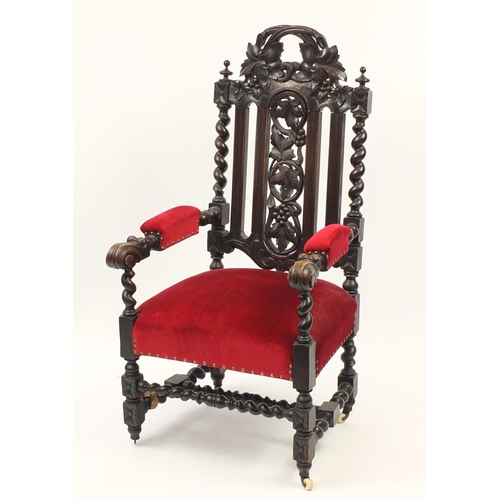 2046 - Oak barley twist throne chair carved with berries on vines, 132cm high