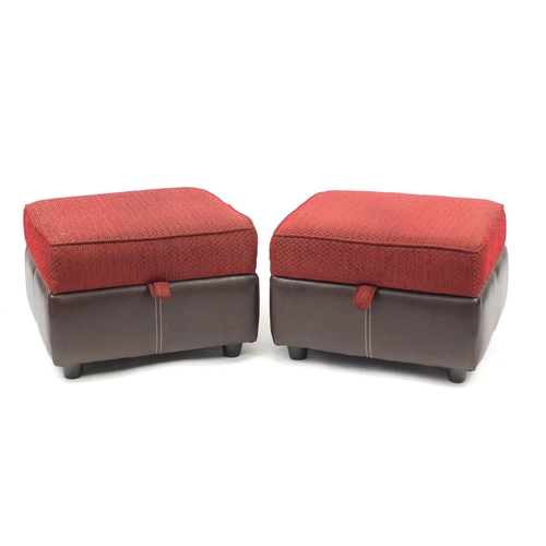 2020 - Contemporary brown leather and red fabric upholstered three seater settee, with two storage foot sto... 