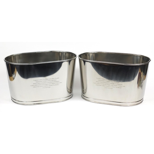 2072 - Large pair of stainless steel Bollinger design champagne ice buckets, 26cm high x 44cm wide