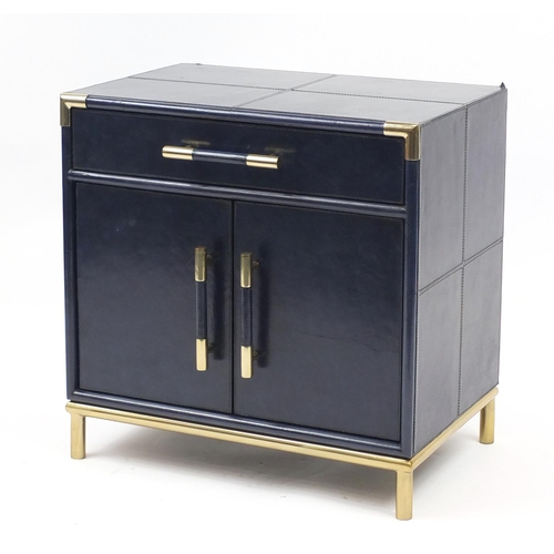 2045 - Retro leather covered side cabinet fitted with a drawer and two cupboard doors, 62cm H x 61cm W x 41... 