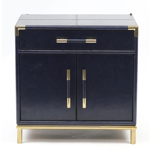 2045 - Retro leather covered side cabinet fitted with a drawer and two cupboard doors, 62cm H x 61cm W x 41... 