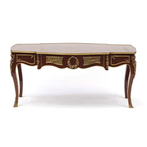 2038 - French inlaid centre table with gilt metal mounts, raised on cabriole legs, 50.5cm H x 111cm W x 57c... 