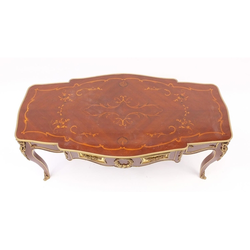 2038 - French inlaid centre table with gilt metal mounts, raised on cabriole legs, 50.5cm H x 111cm W x 57c... 
