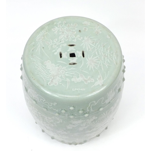 2035 - Chinese celadon glaze barrel shaped garden seat, hand painted with birds of paradise and butterflies... 