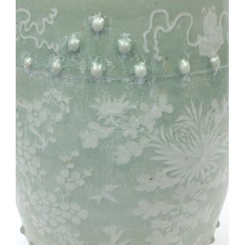 2035 - Chinese celadon glaze barrel shaped garden seat, hand painted with birds of paradise and butterflies... 