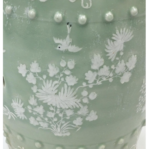 2034 - Chinese celadon glaze barrel shaped garden seat, hand painted with birds of paradise and butterflies... 