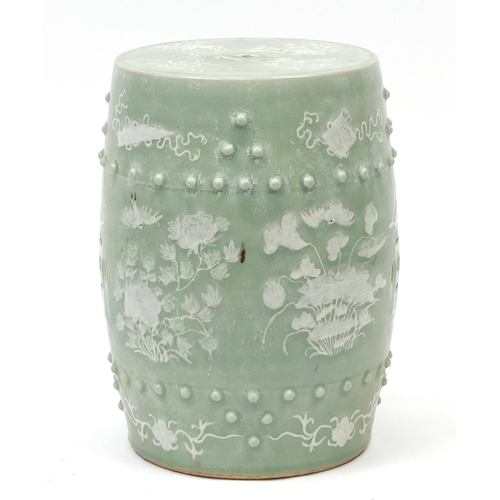 2034 - Chinese celadon glaze barrel shaped garden seat, hand painted with birds of paradise and butterflies... 