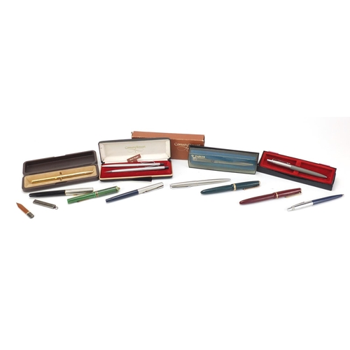 2482 - Vintage and later fountain pens, ballpoint pens and a silver pencil holder, including Conway Stewart... 