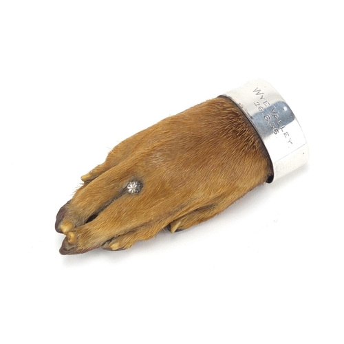 2488 - Taxidermy otter paw brooch with unmarked silver mount, engraved Wye Valley 26.8.36, 8cm in length