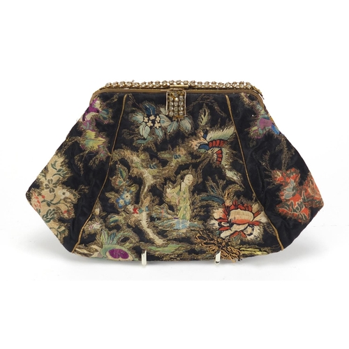 2481 - Chinese silk clutch bag embroidered with figure and flowers, 24cm wide