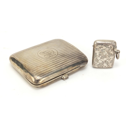 2490 - Rectangular silver cigarette case and a Victorian silver vesta, Birmingham hallmarks, the cigarette ... 