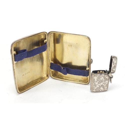 2490 - Rectangular silver cigarette case and a Victorian silver vesta, Birmingham hallmarks, the cigarette ... 