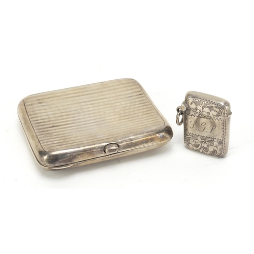 2490 - Rectangular silver cigarette case and a Victorian silver vesta, Birmingham hallmarks, the cigarette ... 