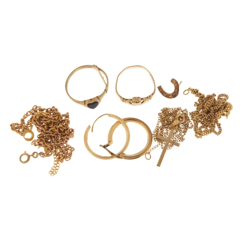 2552 - 9ct gold jewellery comprising three necklaces, two rings, a cross pendant and two earrings, 12.0g