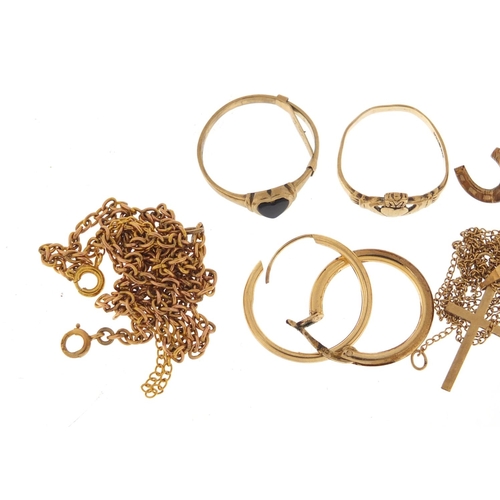 2552 - 9ct gold jewellery comprising three necklaces, two rings, a cross pendant and two earrings, 12.0g