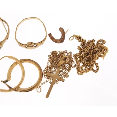 2552 - 9ct gold jewellery comprising three necklaces, two rings, a cross pendant and two earrings, 12.0g