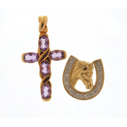 2530 - 9ct gold diamond horse head pendant and a gilt metal amethyst cross, the largest 3.5cm in length, 5.... 