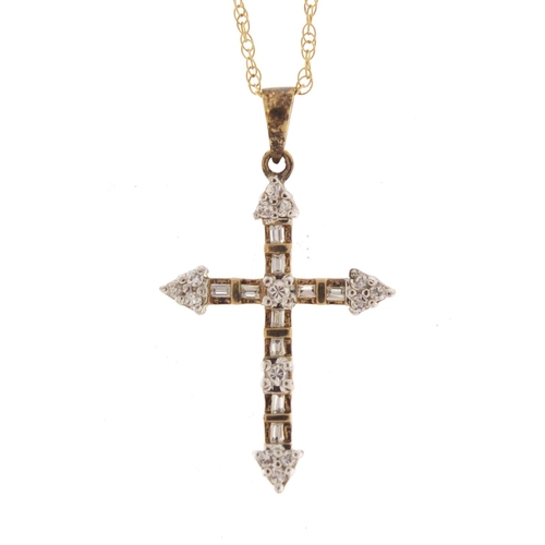 2535 - 9ct gold clear stone cross pendant on a 9ct gold necklace, the pendant 3.5cm in length, 2.2g